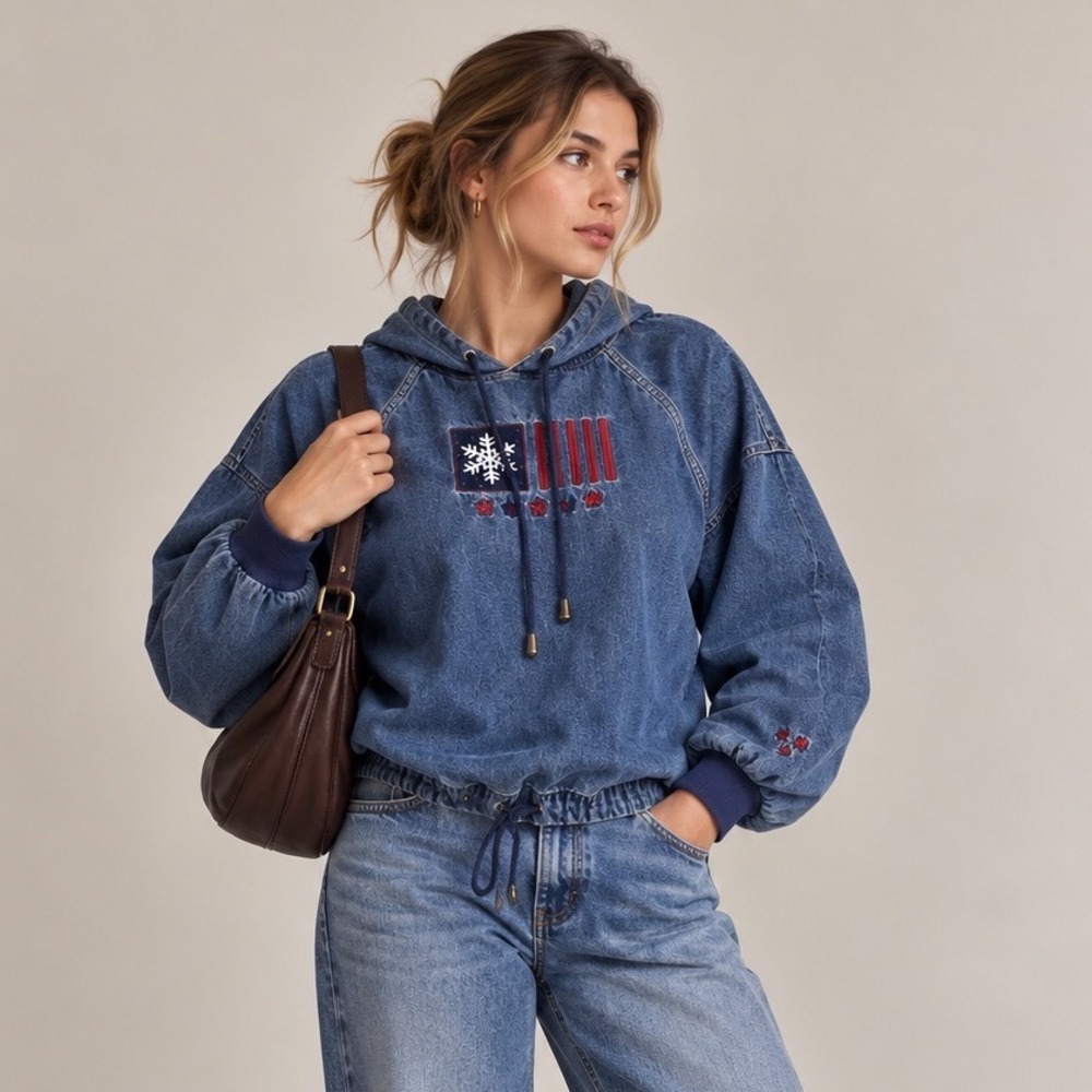 VTG Christopher & Banks Denim Pullover Womens S Blue Americana Flag Grandmacore